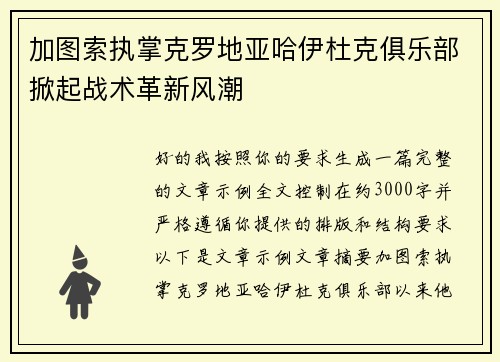 加图索执掌克罗地亚哈伊杜克俱乐部掀起战术革新风潮