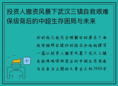 投资人撤资风暴下武汉三镇自救艰难保级背后的中超生存困局与未来